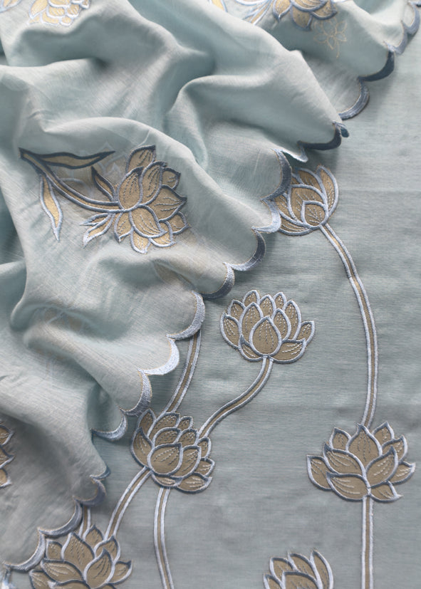 Powder Blue Mul Cotton Suit With Lotus Appliqué Work