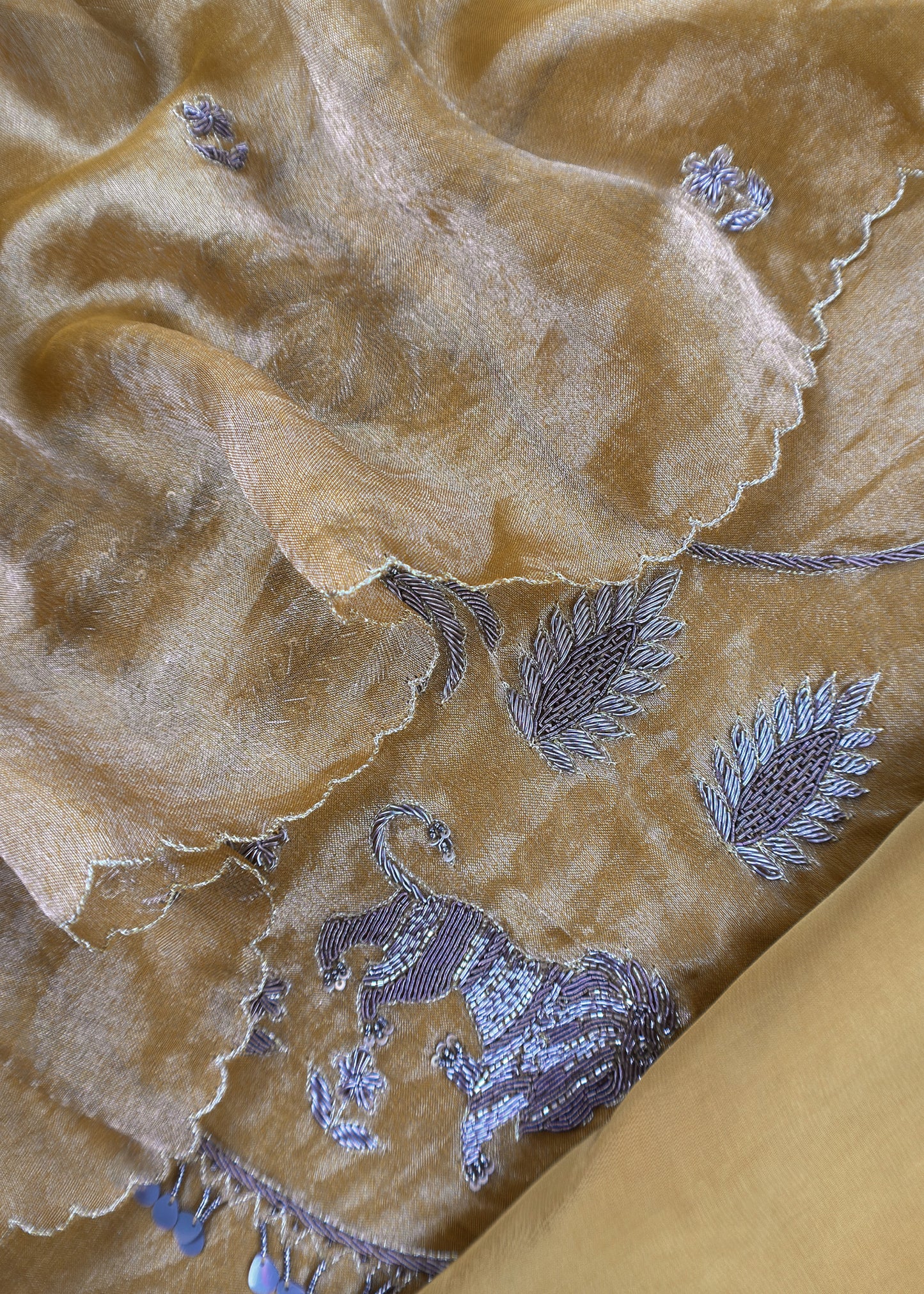 Mustard Handloom Tissue Silk Suit Fabric With Shikagarh Handwork