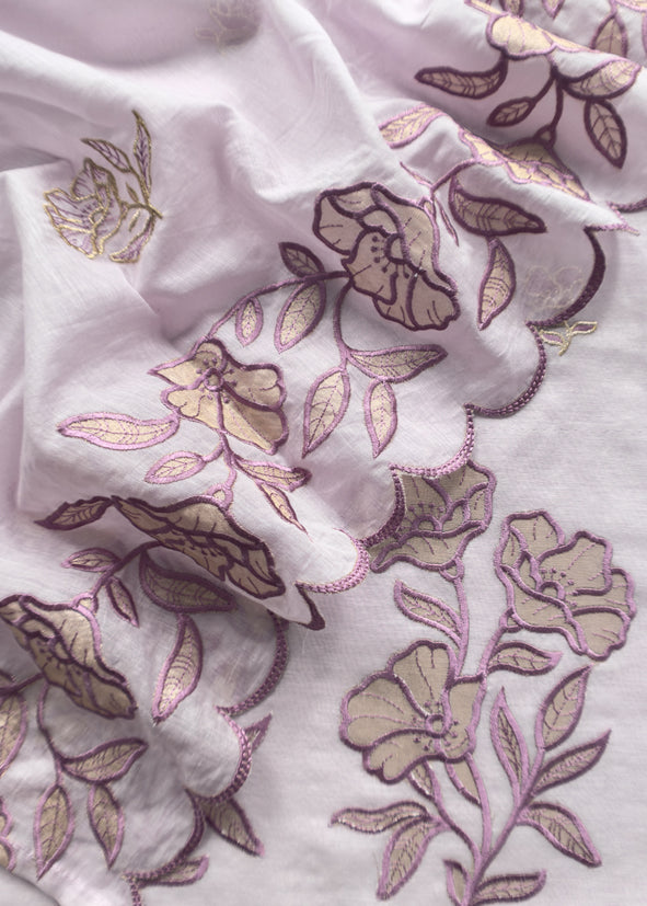 Pastel Purple Mul Cotton Suit With Lotus Appliqué Work