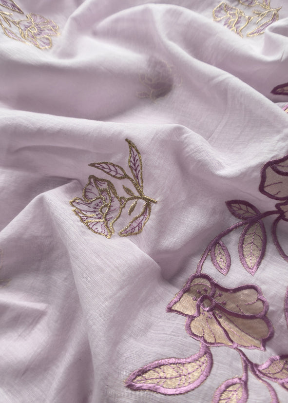 Pastel Purple Mul Cotton Suit With Lotus Appliqué Work