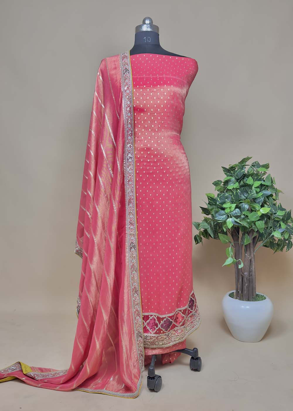 Mettalic Orange Embroidered Tissue Silk Suit