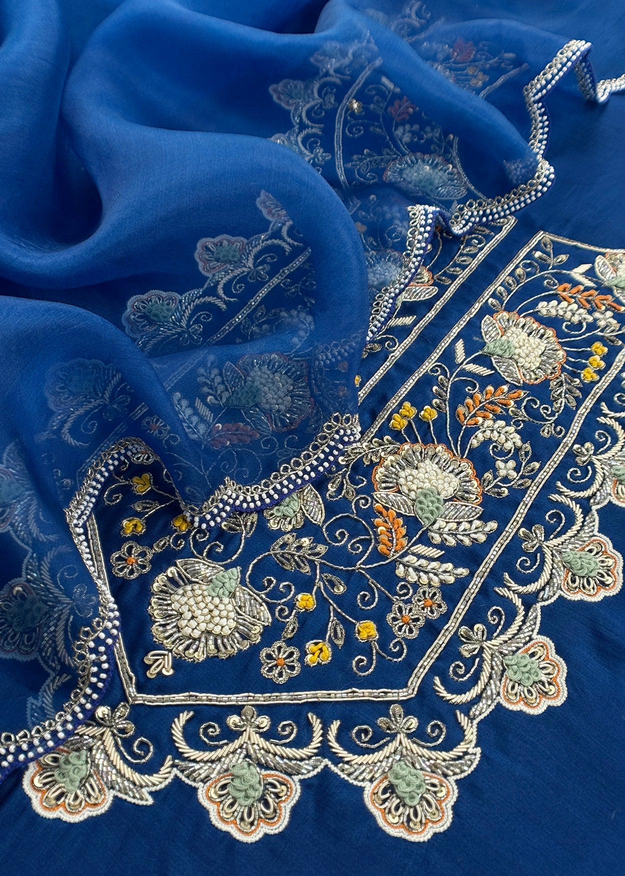 Luxe Royal Blue Dupion Silk Kurta and Kora Silk Dupatta With Handwork