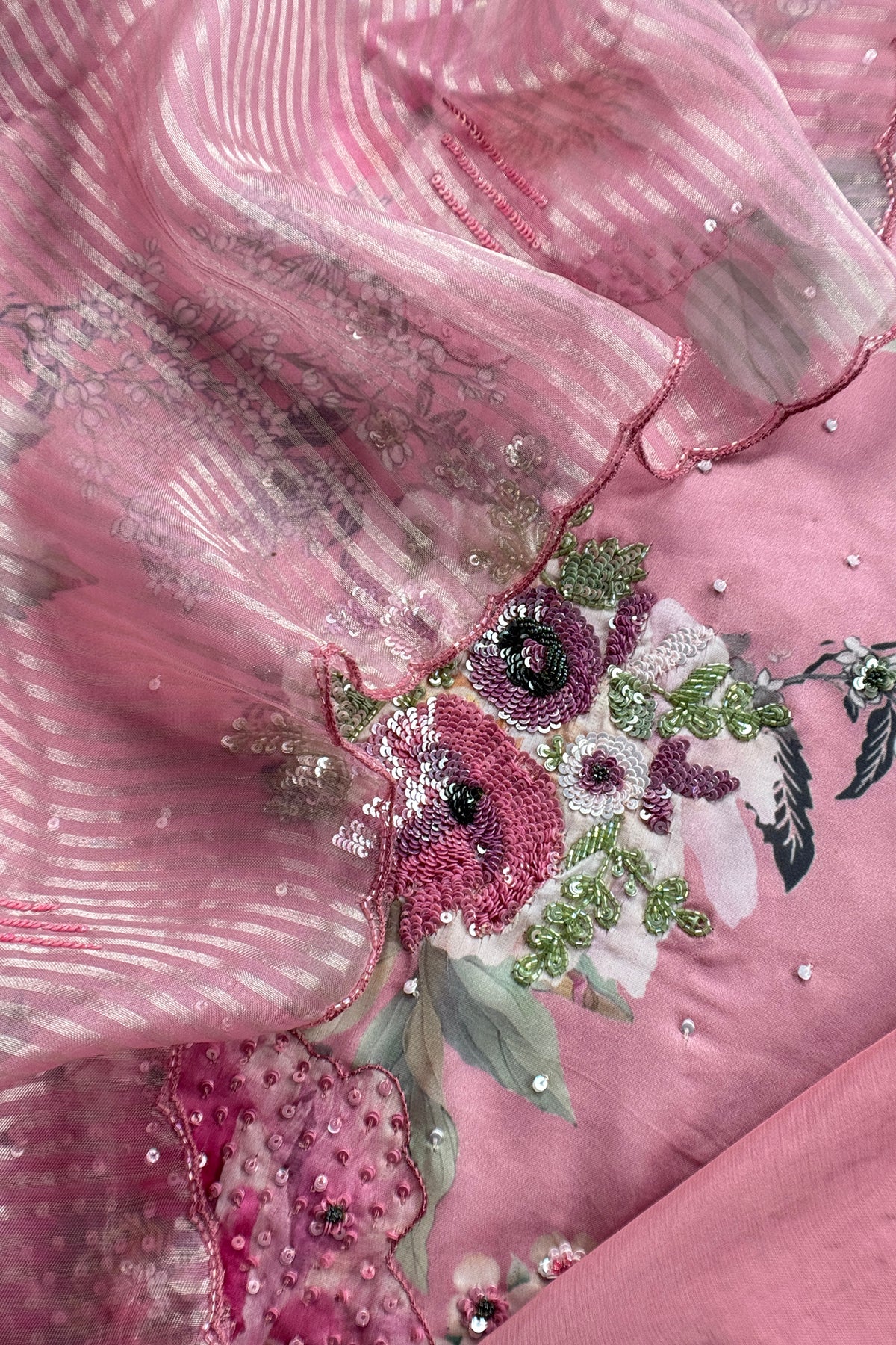 Pink Satin Silk Unstitched Suit With Tissue Silk Dupatta