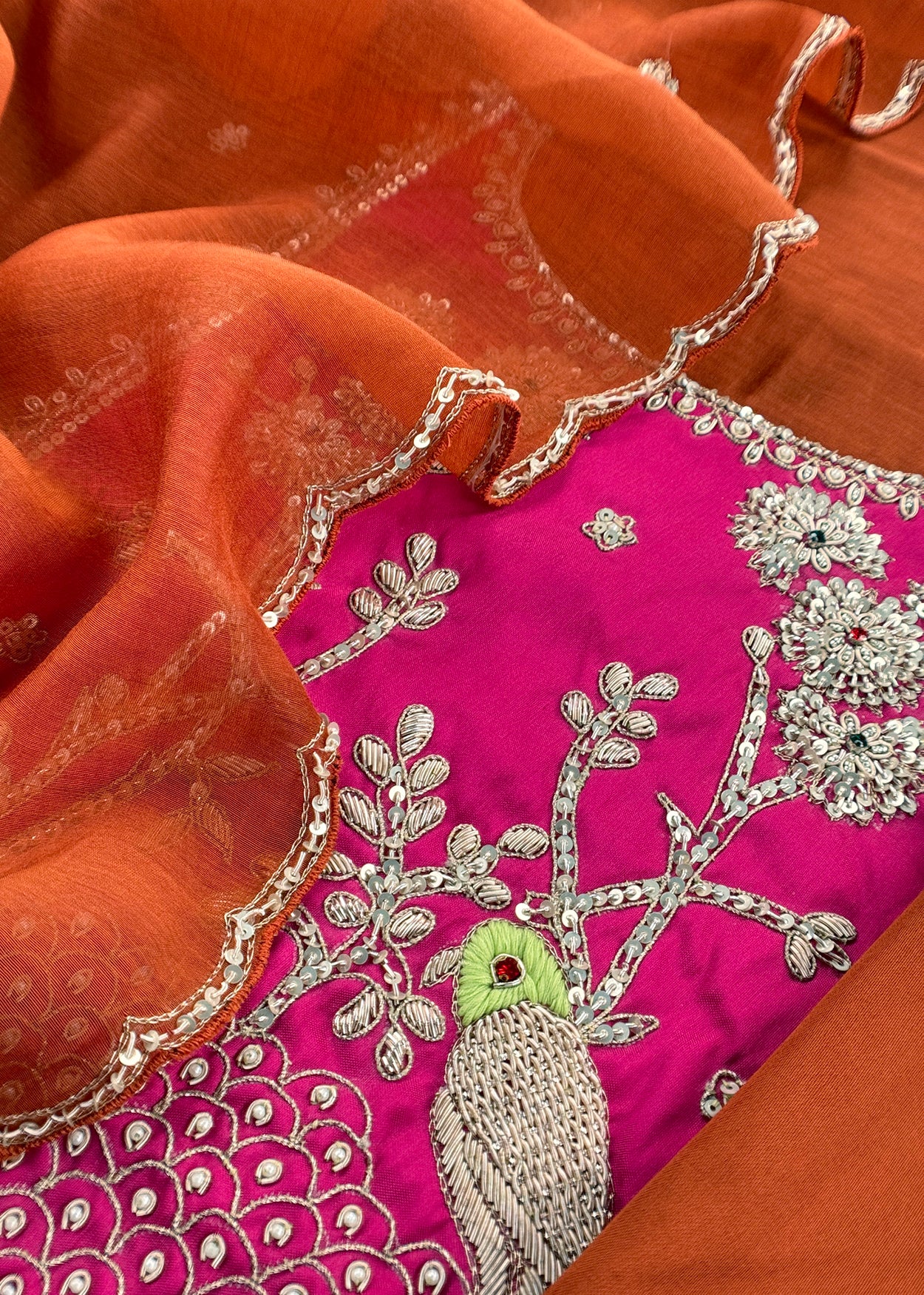 Brown And Rani Shaadi Handloom Mulmul Unstitched Suit Fabric With Handwork