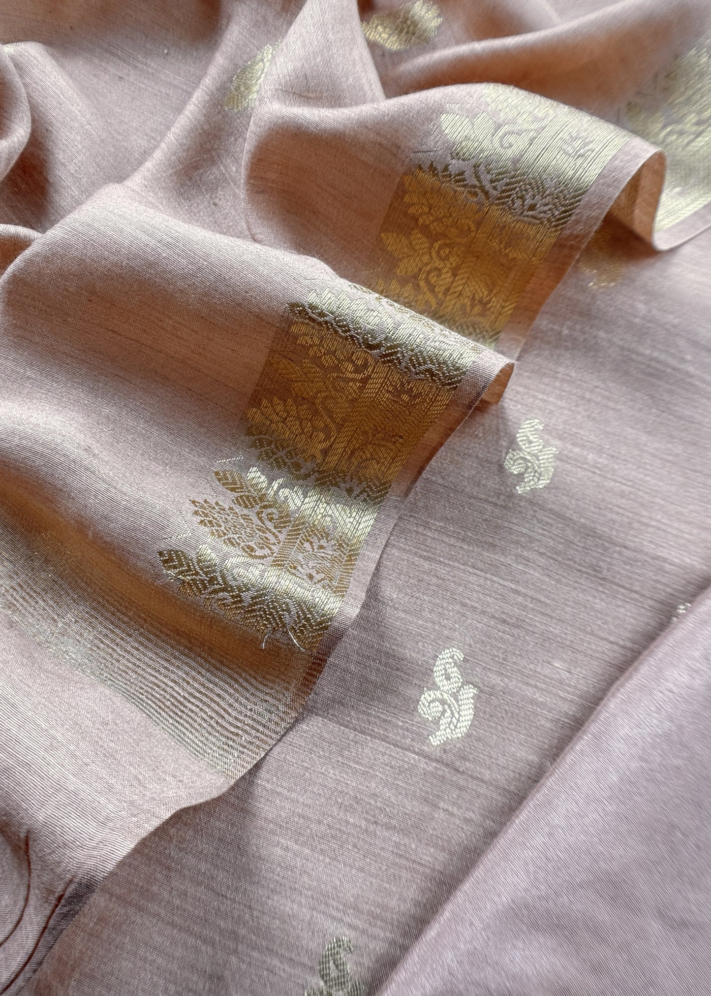 Beige Handloom Munga Silk Suit With Zari Weaving