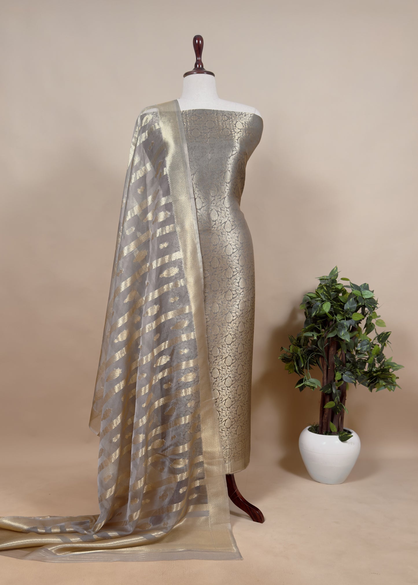 Green Banarasi Silk Brocade Suit With Organza Dupatta