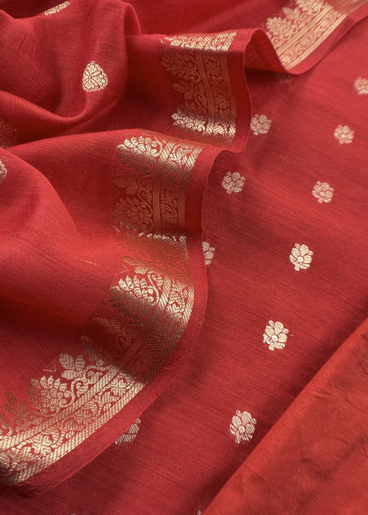 Red Handloom Munga Silk Suit With Zari Weaving