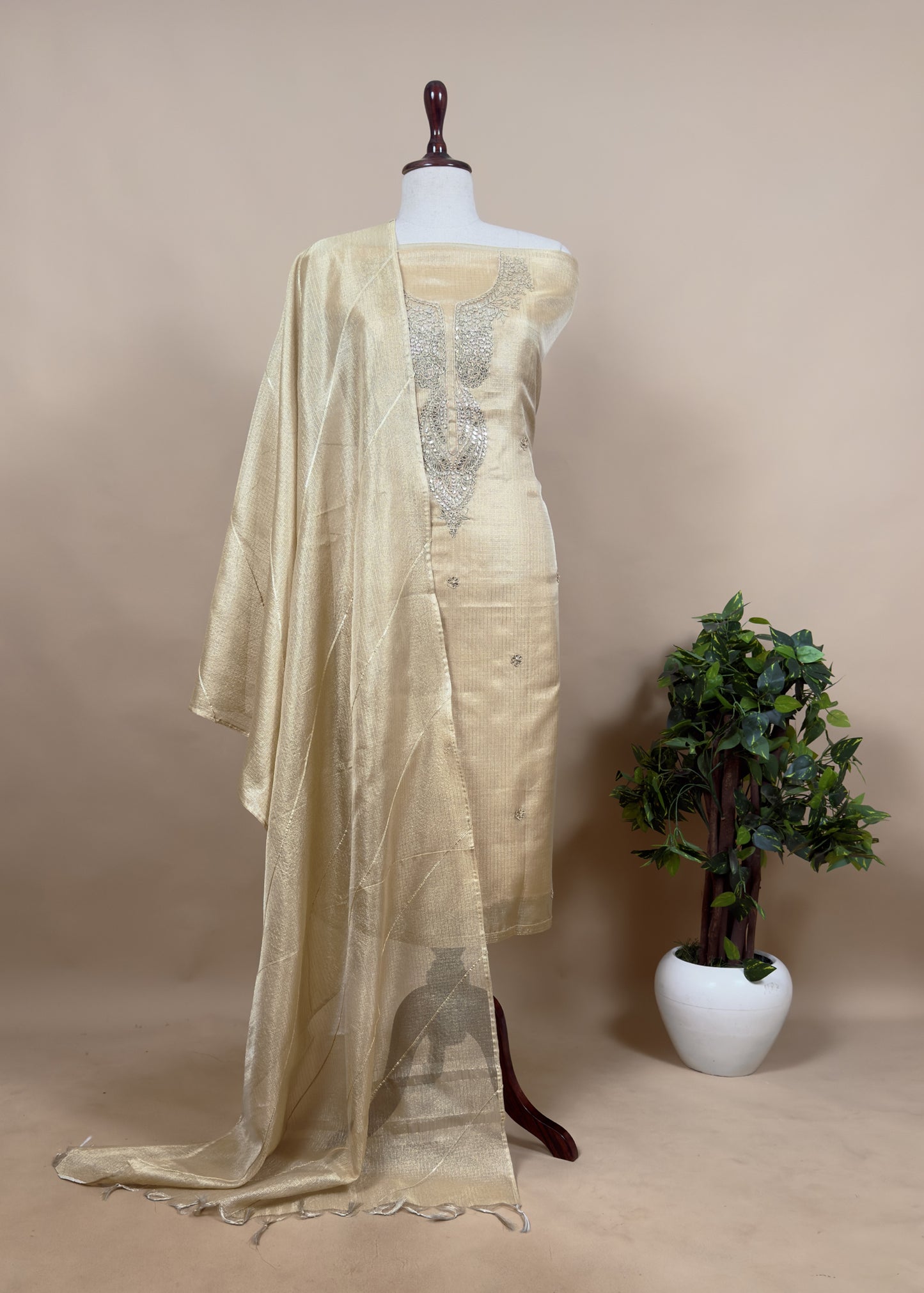 Sea Green Tissue Kota Unstitched Suit With Hand Sequins Work