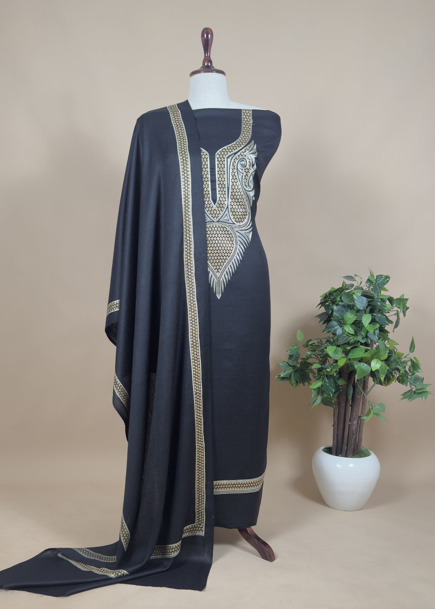 Black Unstitched Woolen Suit With Aari Zari Embroidery work