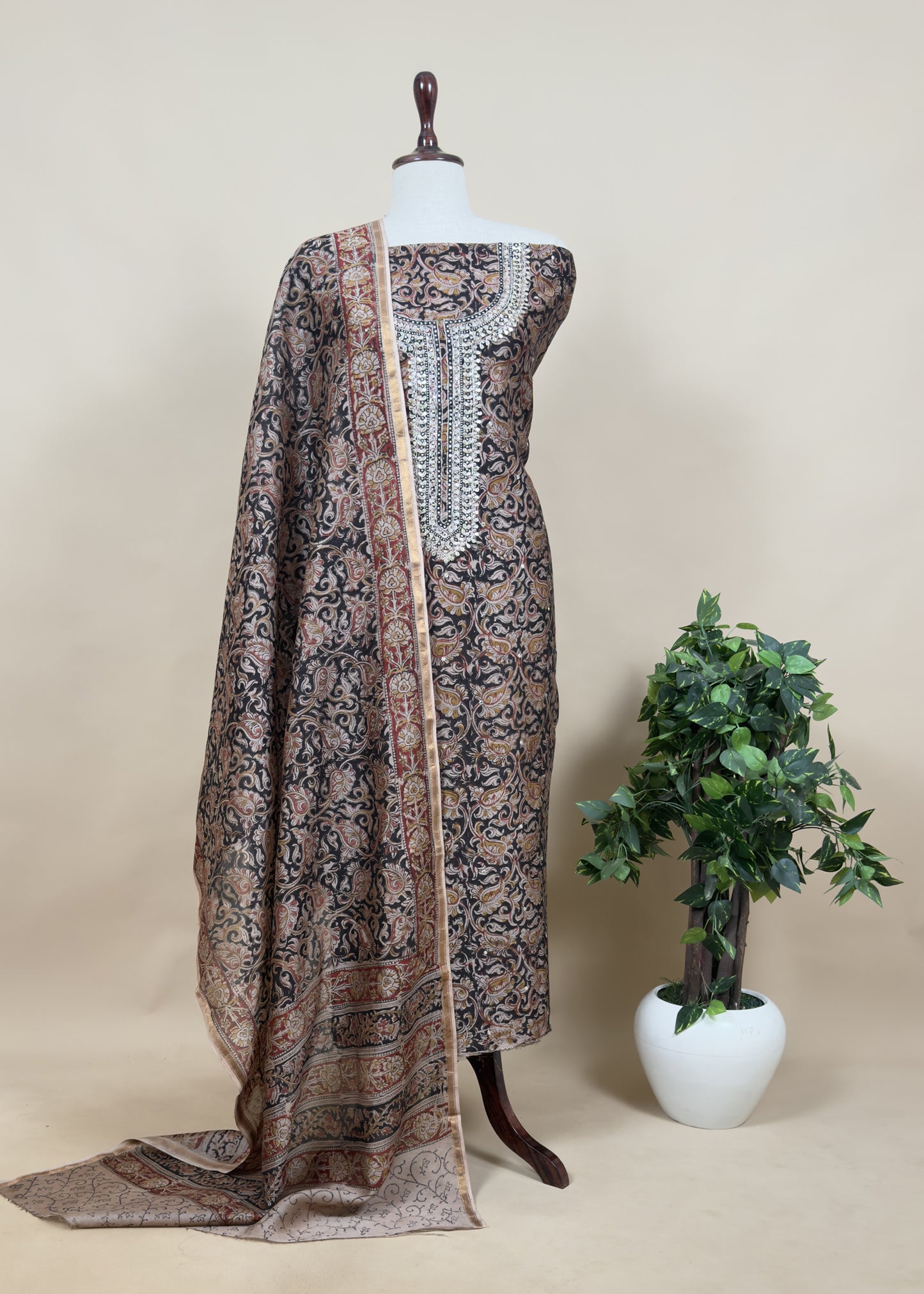 Yellow Sanganeri Block Printed Natural Dyed Ajrakh Suit In Chanderi