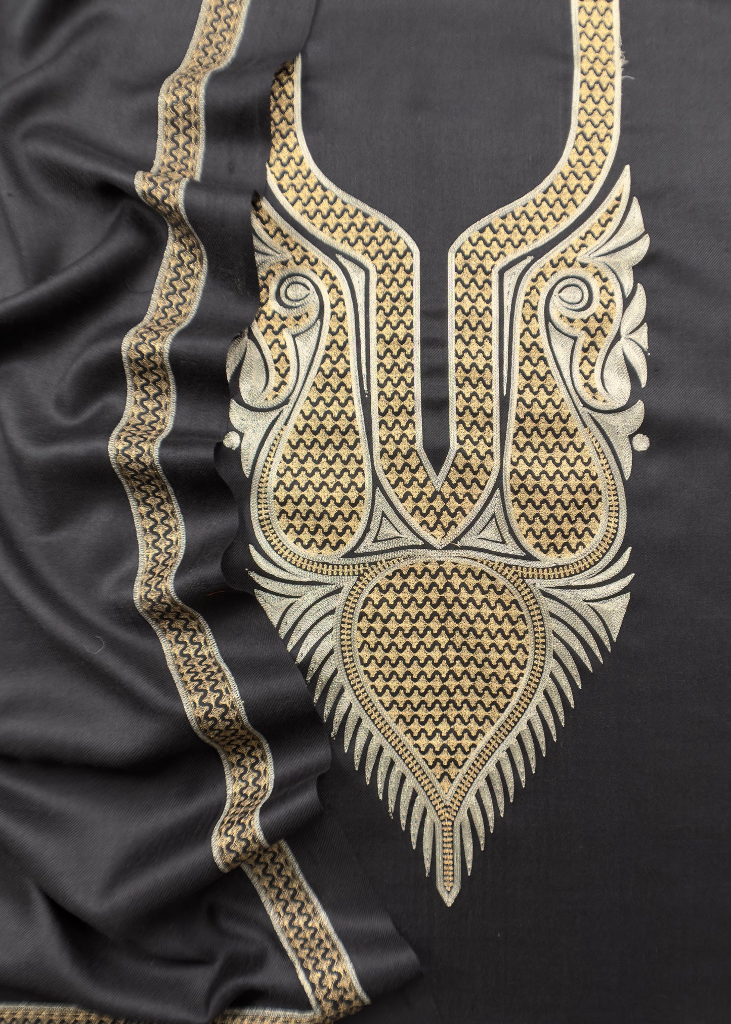 Black Unstitched Woolen Suit With Aari Zari Embroidery work