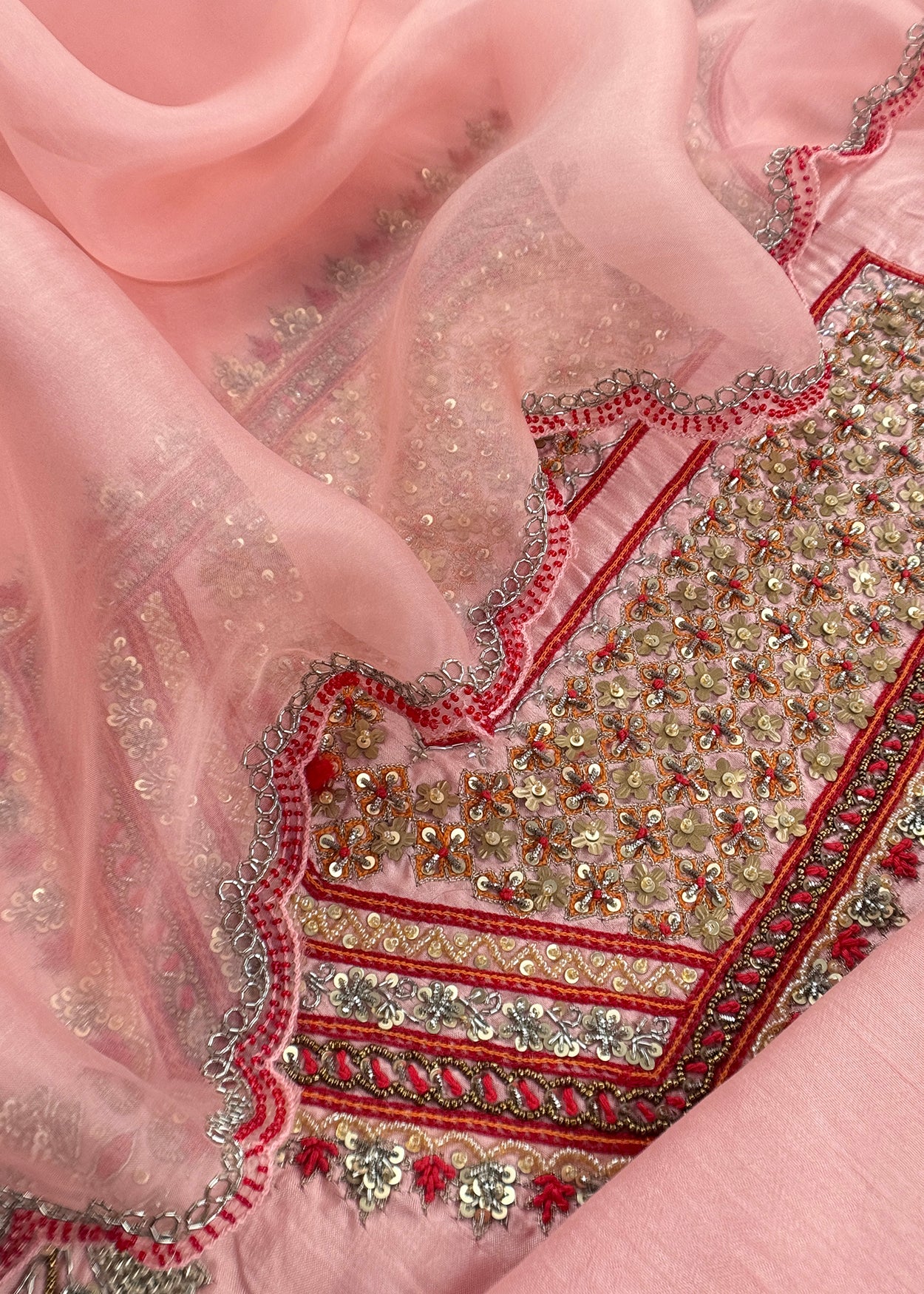 Luxe Baby Pink Dupion Silk Kurta and Kora Silk Dupatta With Handwork