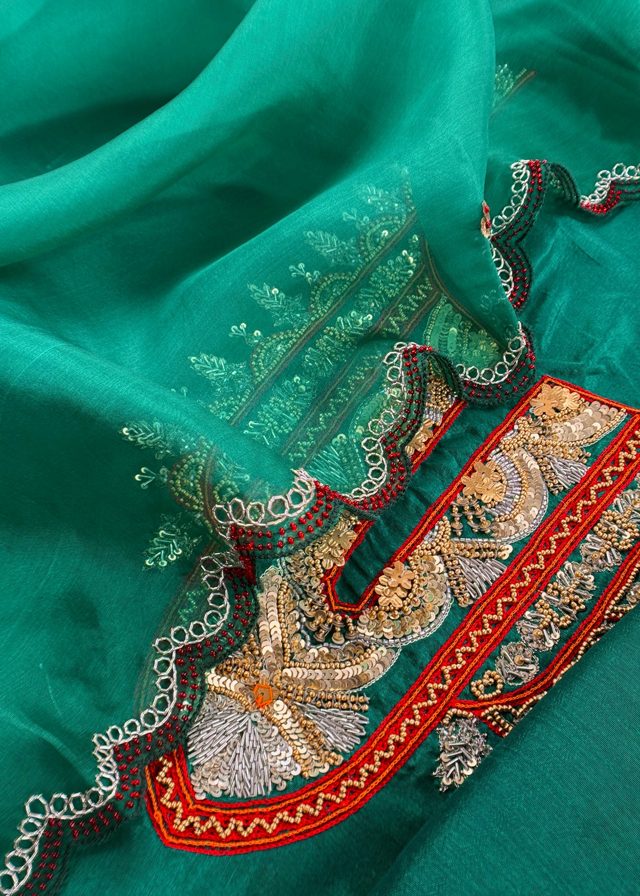 Luxe Emerald Green Dupion Silk Kurta and Kora Silk Dupatta With Handwork