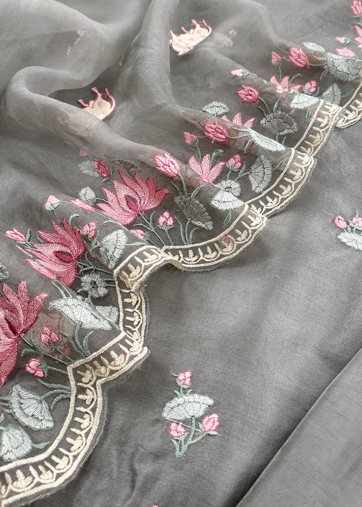 Grey Pure Organza Silk Suit With Parsi Embroidery