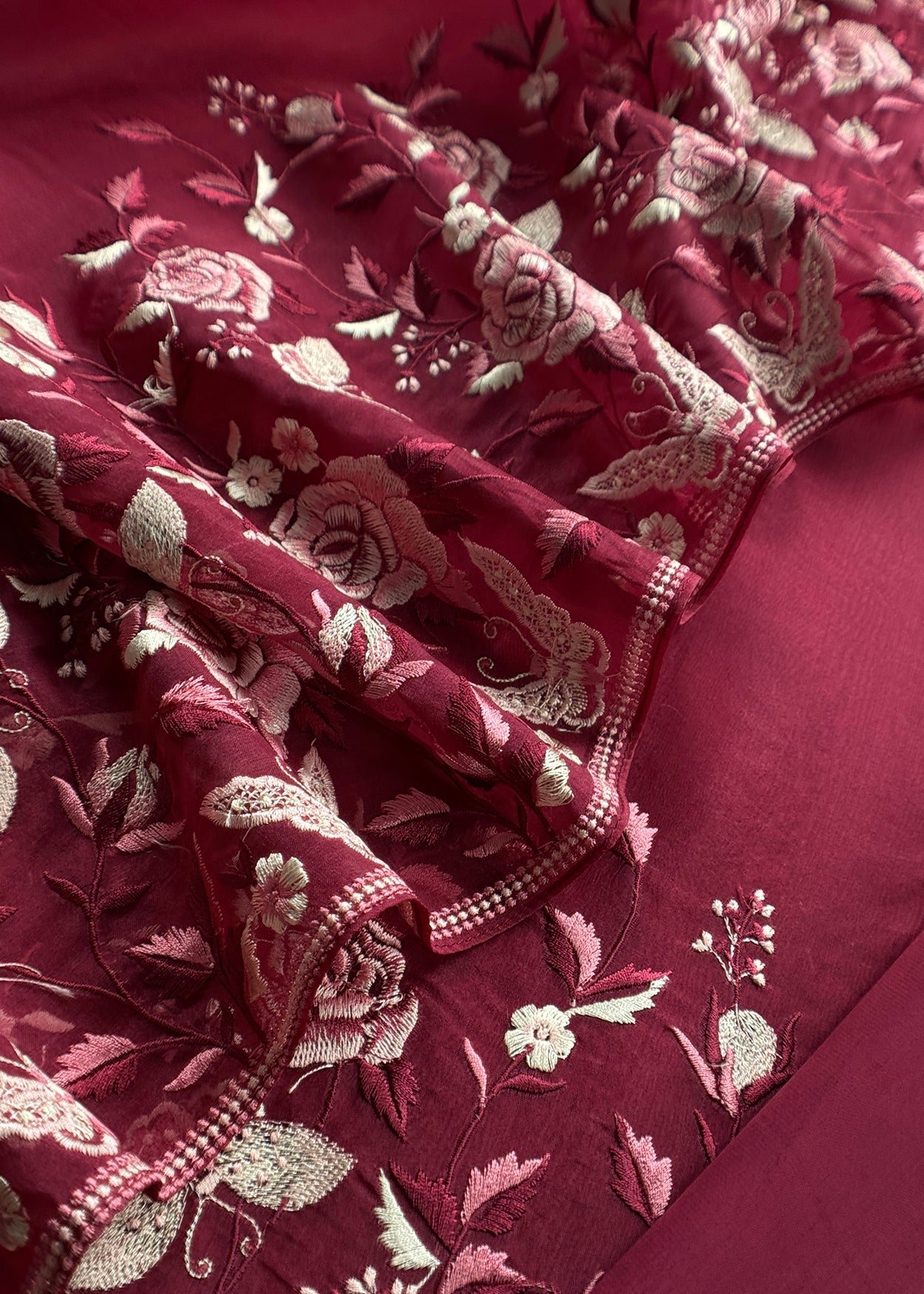 Maroon Handloom Kora Silk Suit With Parsi Embroidery