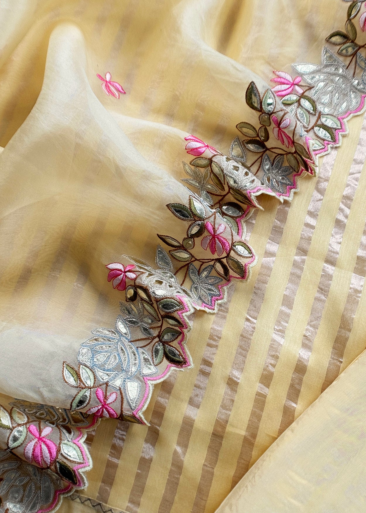 Butter Yellow Luxe Zari Woven Handloom Kora Silk Suit Fabric With Gotapatti, Appliqué And Parsi Stitch Handwork