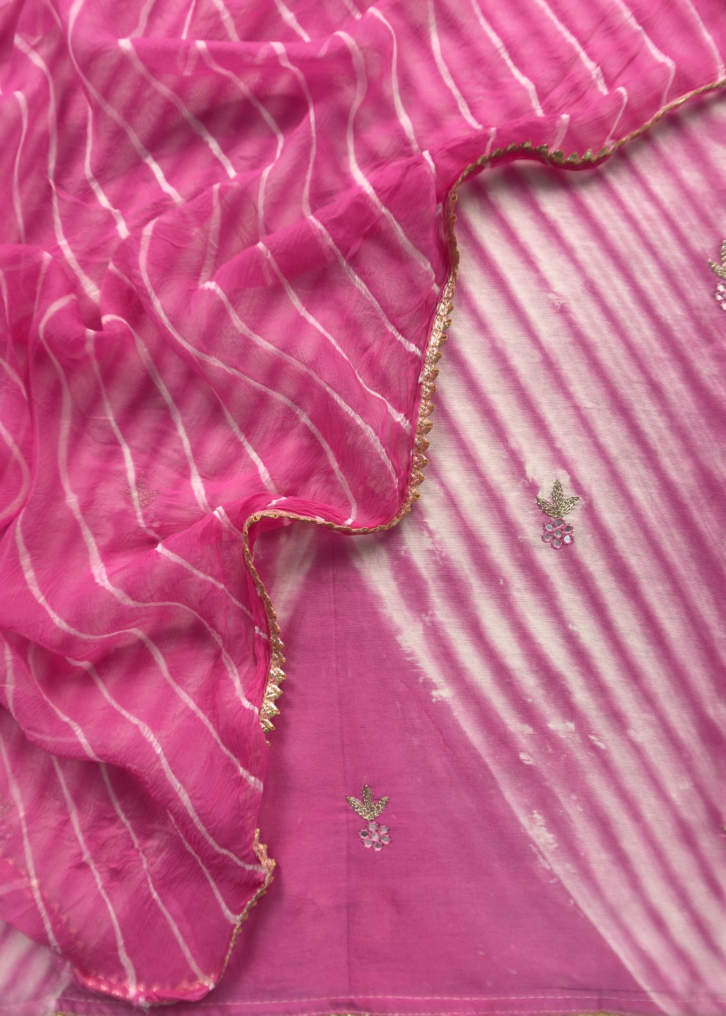 Pink Tie And Dye Leheriya Pure Chanderi Dupatta Suit With Gotapatti And Handwork