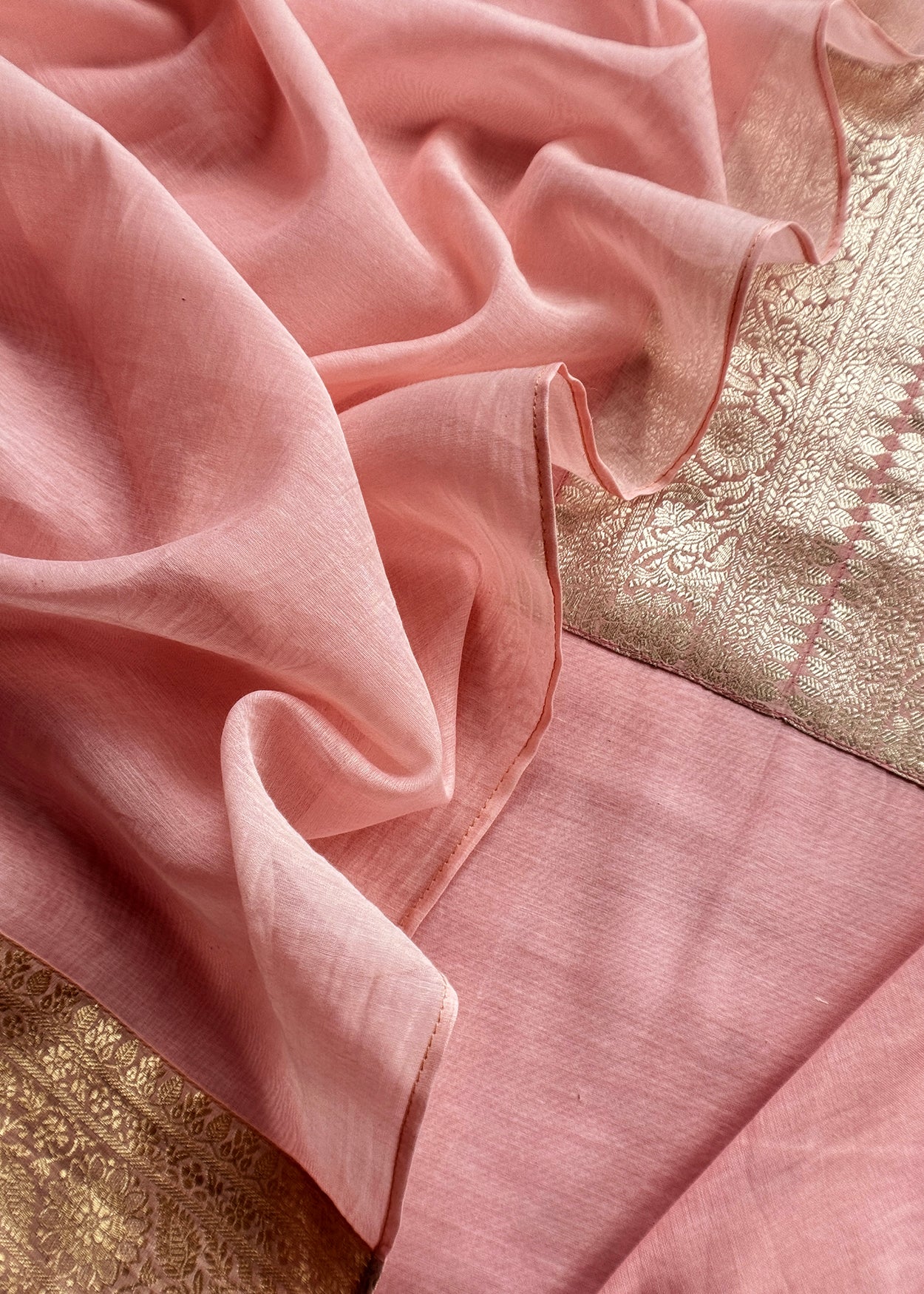 Peachy Pink Handloom Varanasi Mulmul Kurta And mulmul Dupatta With Kadwa Weaving