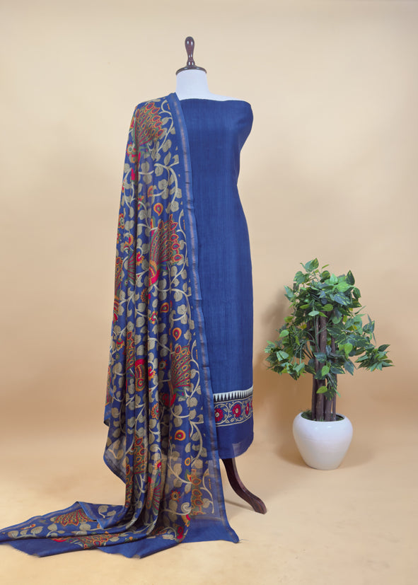 Blue Pure Maheshwari Unstitched Suits With Kalamkari Dupatta