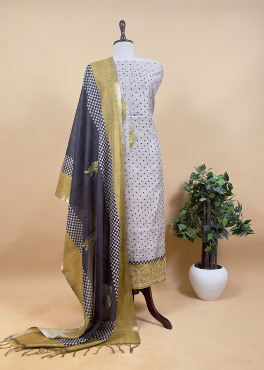 Lime Green Embroidered Tussar Suit With Digital Print