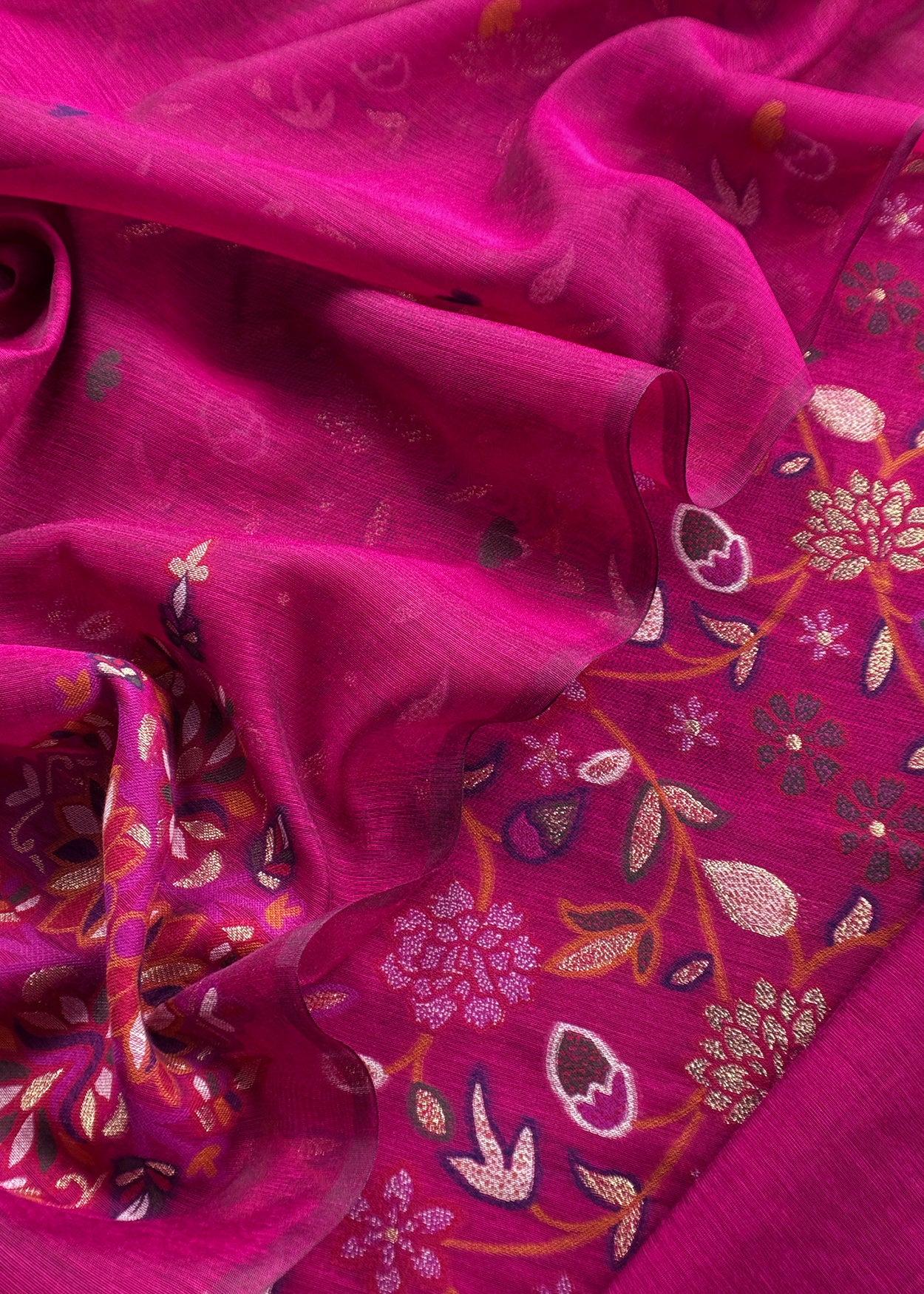 Rani Pink Linen Chanderi Suit With Jamdani Weaving