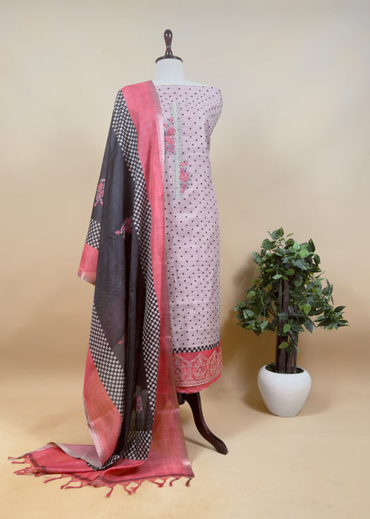 Peach Embroidered Tussar Suit With Digital Print