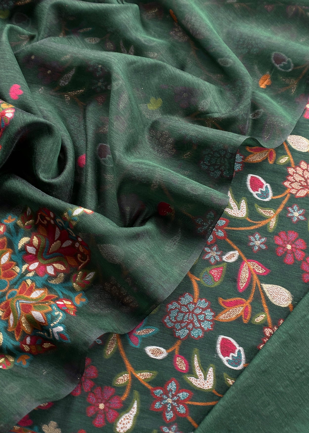 Bottle Green Linen Chanderi Suit With Jamdani Weaving