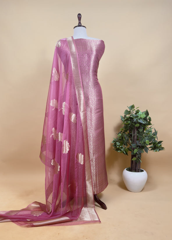 Pink Banarasi Silk Brocade Suit With Organza Dupatta
