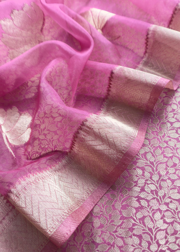 Pink Banarasi Silk Brocade Suit With Organza Dupatta