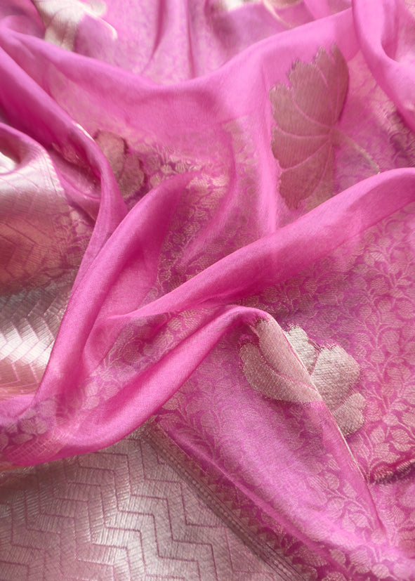 Pink Banarasi Silk Brocade Suit With Organza Dupatta