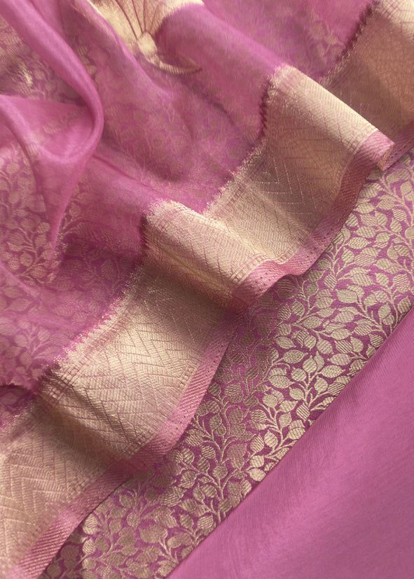 Pink Banarasi Silk Brocade Suit With Organza Dupatta