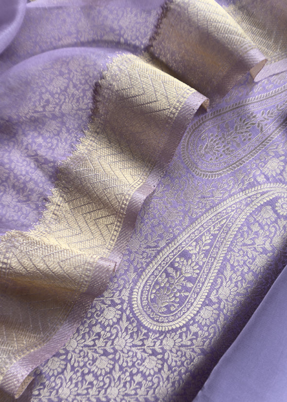 Purple Banarasi Silk Brocade Suit With Organza Dupatta