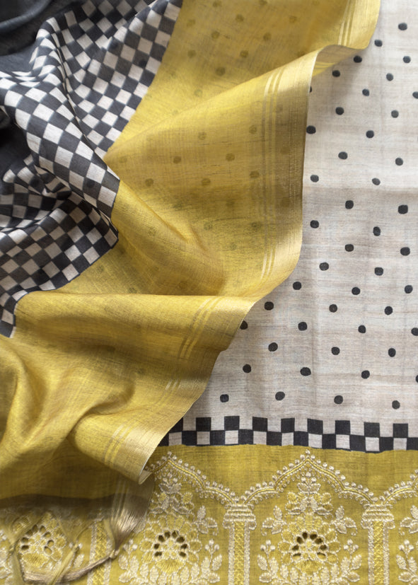 Lime Green Embroidered Tussar Suit With Digital Print