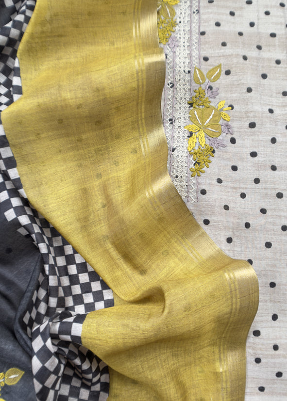 Lime Green Embroidered Tussar Suit With Digital Print