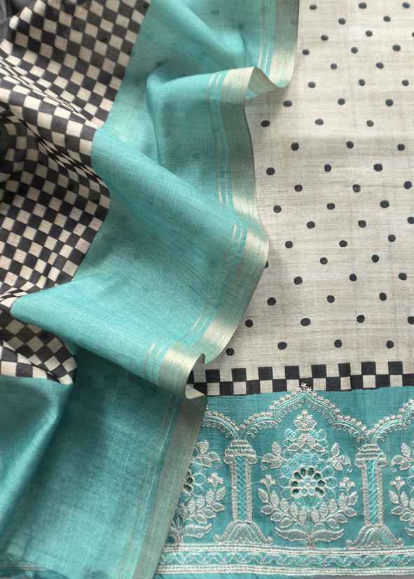 Turquoise Blue Embroidered Tussar Suit With Digital Print