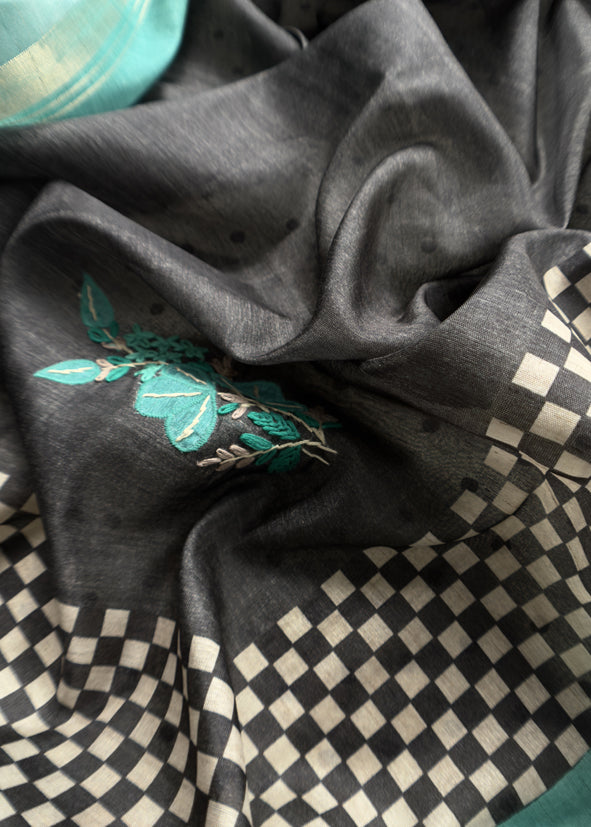 Turquoise Blue Embroidered Tussar Suit With Digital Print