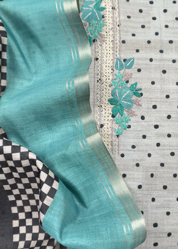 Turquoise Blue Embroidered Tussar Suit With Digital Print
