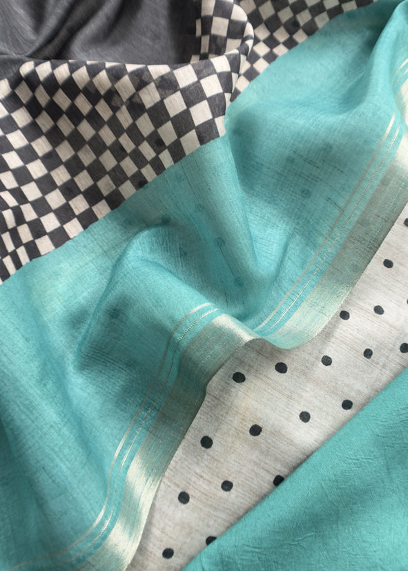 Turquoise Blue Embroidered Tussar Suit With Digital Print