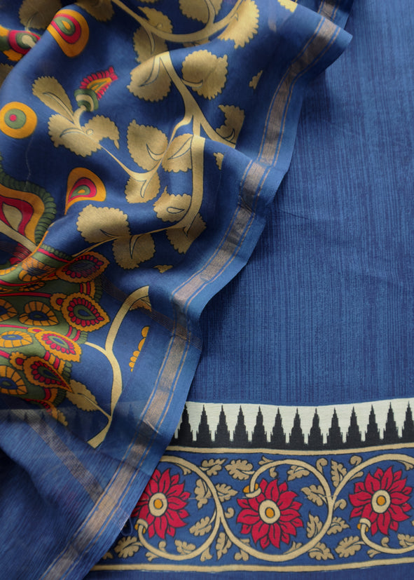 Blue Pure Maheshwari Unstitched Suits With Kalamkari Dupatta