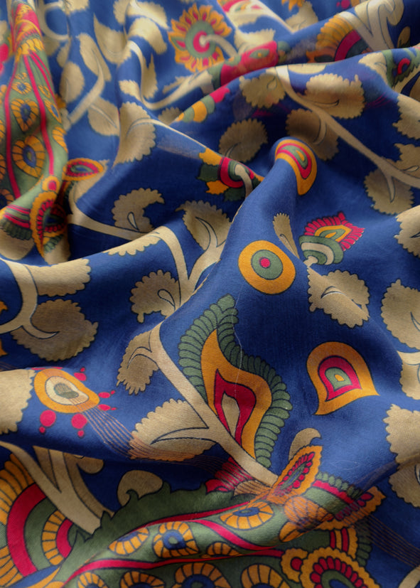 Blue Pure Maheshwari Unstitched Suits With Kalamkari Dupatta