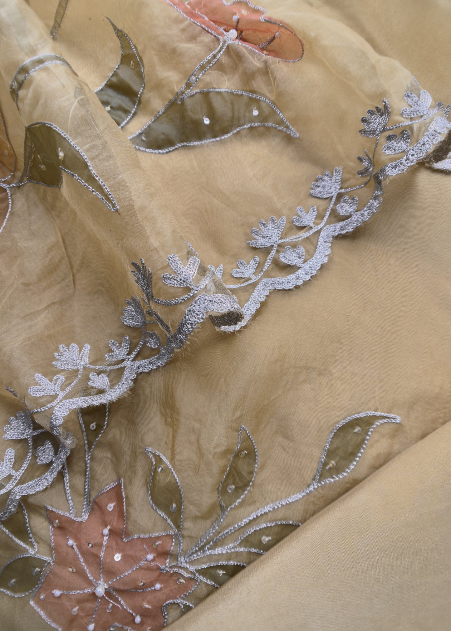 Yellow Hand Painted Organza Silk Suit With Dori Embroidered