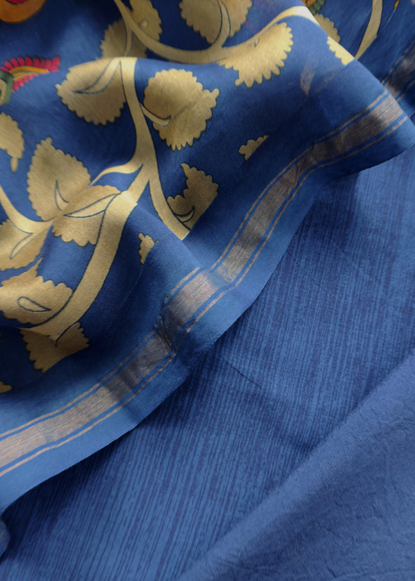 Blue Pure Maheshwari Unstitched Suits With Kalamkari Dupatta