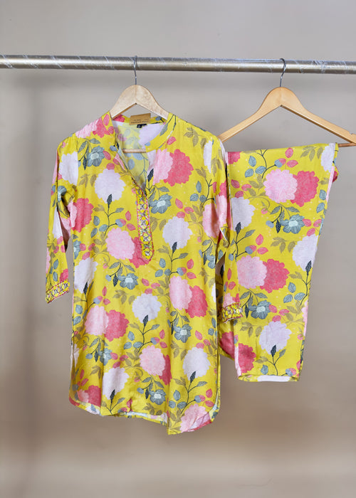 Digital Print Stitched Cord Set On Embroidered Neckline And Sleeves