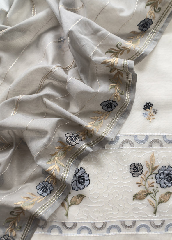Off White With Grey Blue Embroidered Mul Chanderi Unstitched Suit