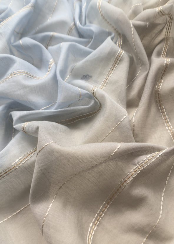Off White With Grey Blue Embroidered Mul Chanderi Unstitched Suit