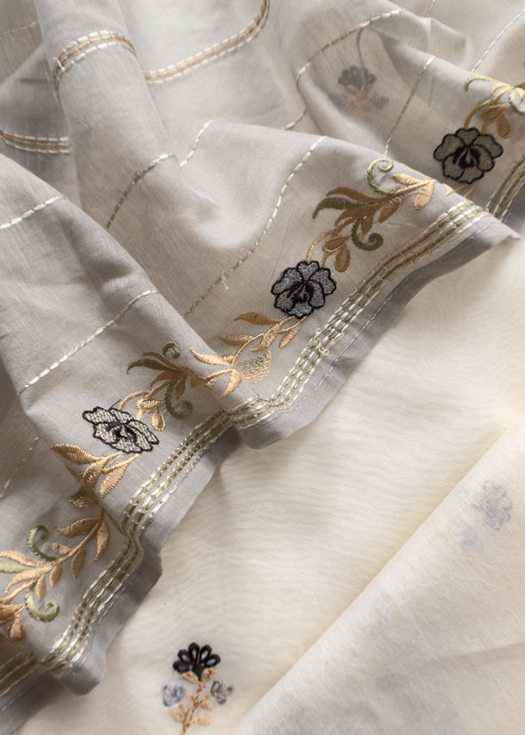 Off White With Grey Blue Embroidered Mul Chanderi Unstitched Suit