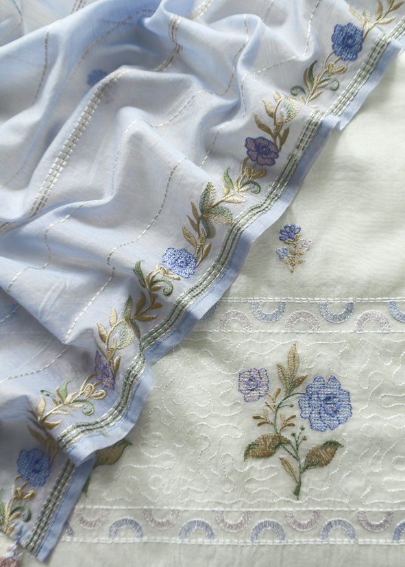 Off White With Blue Pink Embroidered Mul Chanderi Unstitched Suit