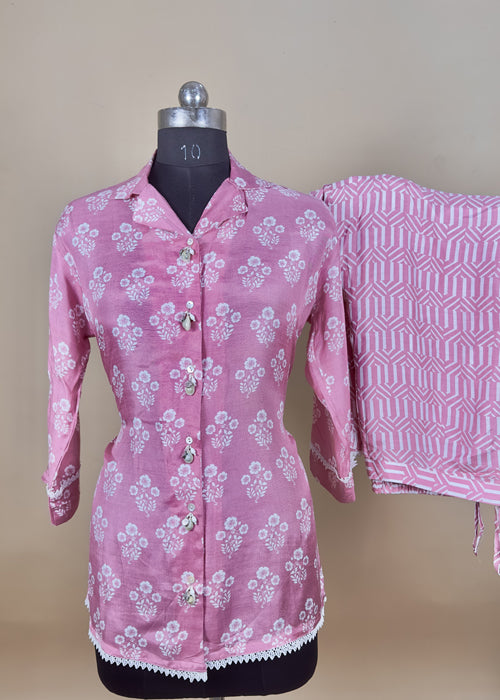 Pink Digital Print Stitched Cord Set In Muslin