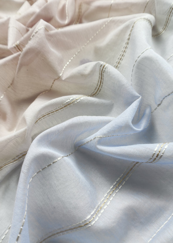 Off White With Blue Pink Embroidered Mul Chanderi Unstitched Suit