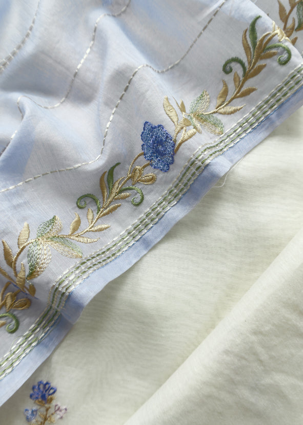 Off White With Blue Pink Embroidered Mul Chanderi Unstitched Suit